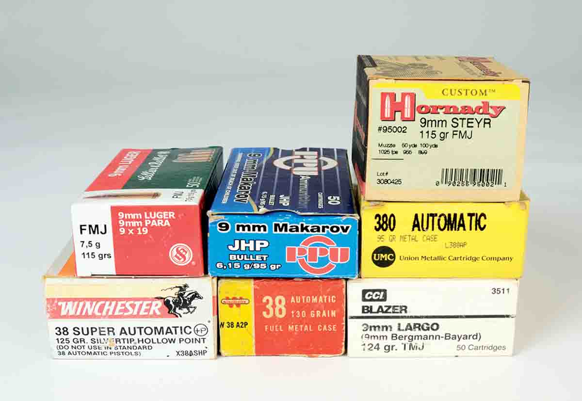 On his ammunition shelves, Mike found these eight cartridges that are either 9mm in name only, or 9mm in reality despite their names.